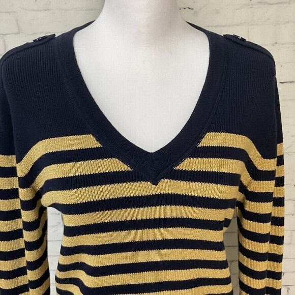 Ralph Lauren Jeans Company Womens Sweater Navy Gold Striped V Neck Size L U1 - Picture 5 of 12